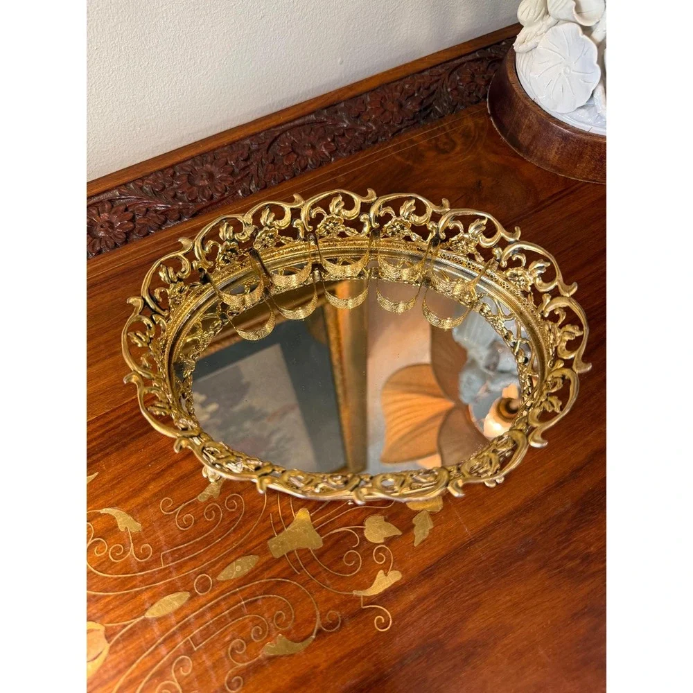 Vintage‎ Gold Ormolu Lipstick Holder - Mirrored Vanity Tray